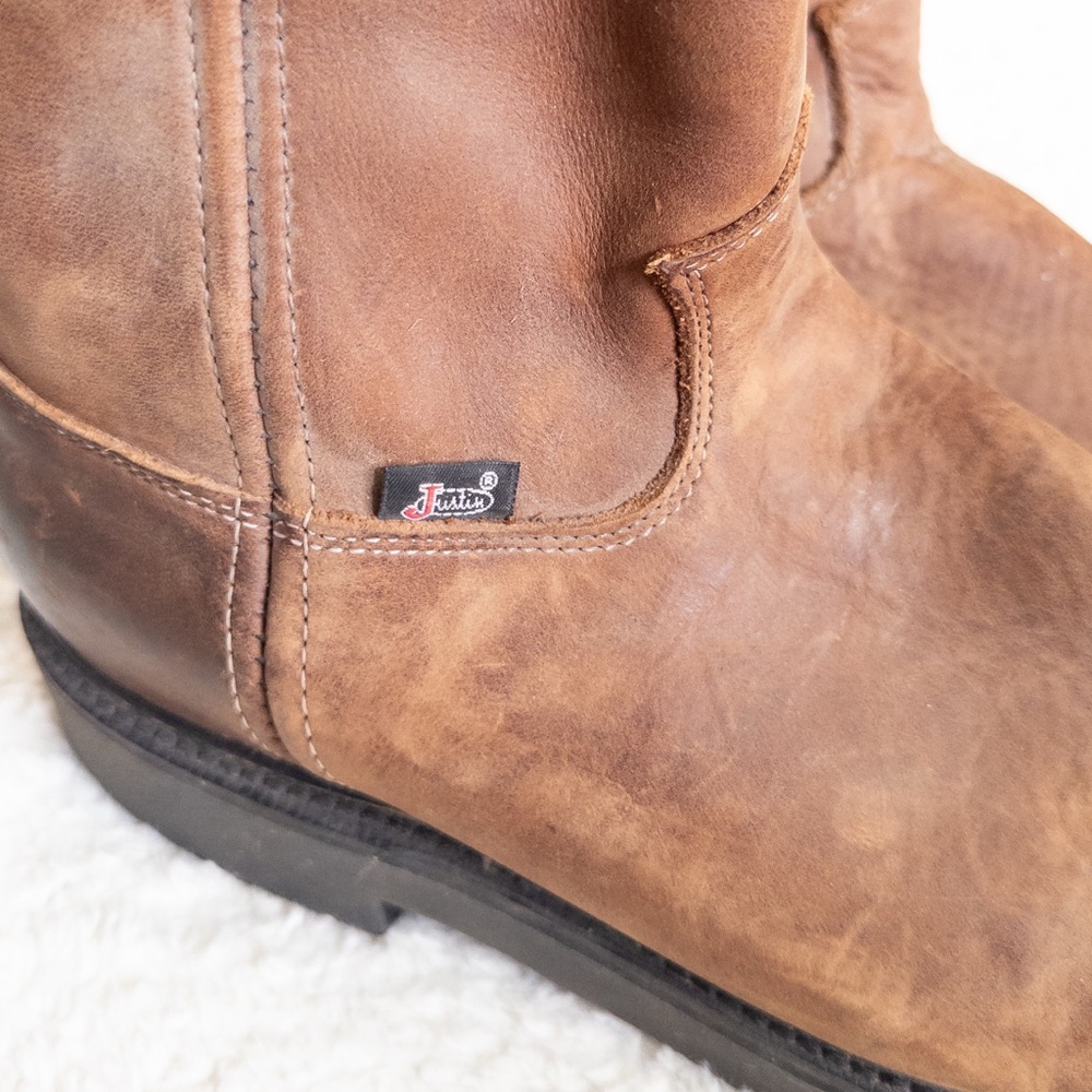 Justin Men’s Round-Up Pull-On Work Boots Size 9 Brown Leather - Picture 6 of 10